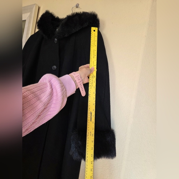 Vintage Black 100% Wool Penny Lane Style Faux Fur Coat Old Money Glamorous - Picture 4 of 9